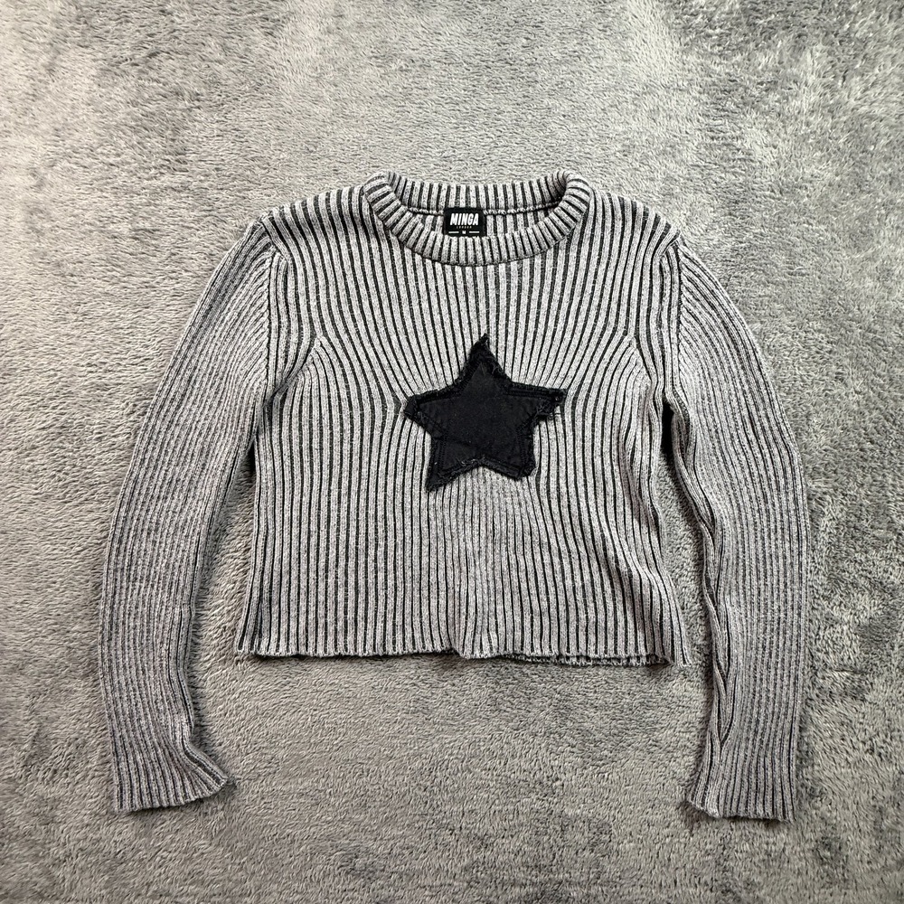 MINGA London Star Knit Sweater Ribbed Womens M Crop Pullover Gray
